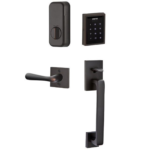 Emtek Electronic EMPowered Motorized Touchscreen Keypad Entry Set With Baden Grip and Right Handed Basel Lever in Oil Rubbed Bronze finish