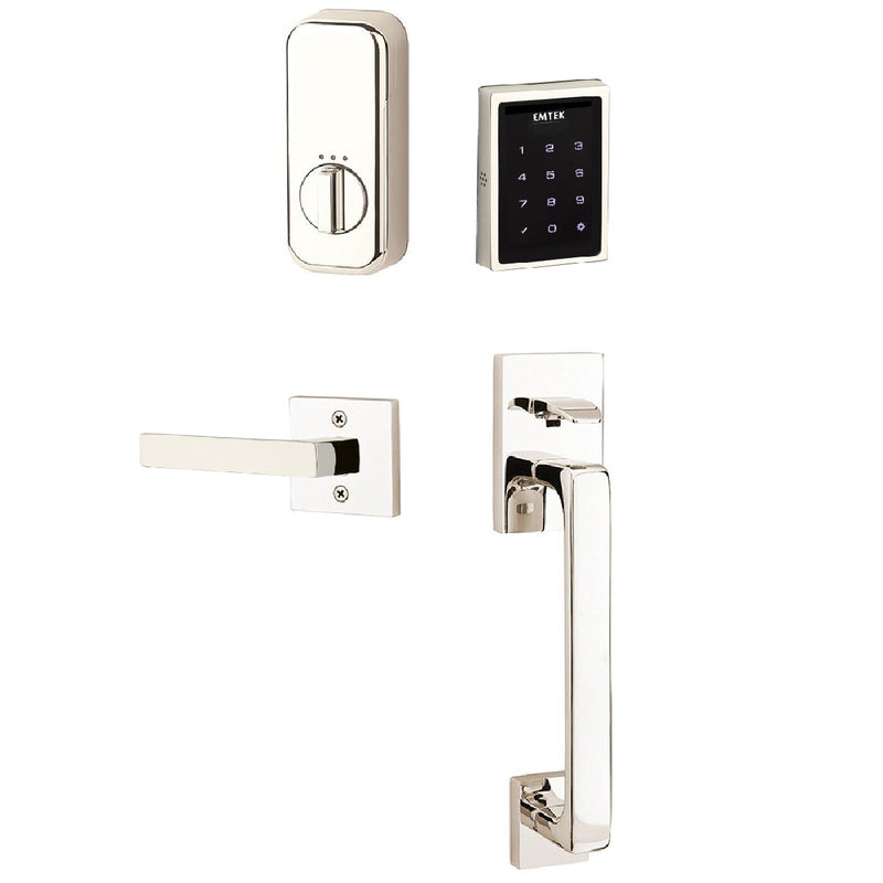 Emtek Electronic EMPowered Motorized Touchscreen Keypad Entry Set With Baden Grip and Right Handed Dumont Lever in Lifetime Polished Nickel finish