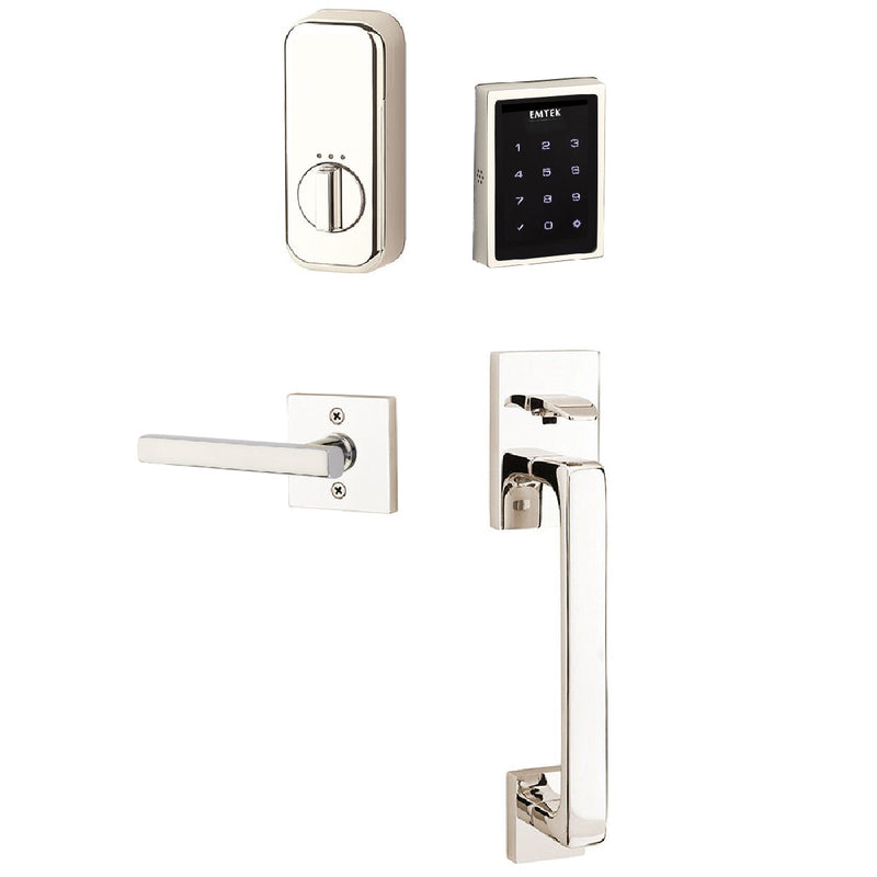Emtek Electronic EMPowered Motorized Touchscreen Keypad Entry Set With Baden Grip and Right Handed Freestone Lever in Lifetime Polished Nickel finish