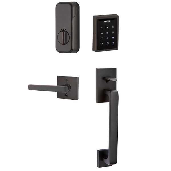 Emtek Electronic EMPowered Motorized Touchscreen Keypad Entry Set With Baden Grip and Right Handed Freestone Lever in Oil Rubbed Bronze finish