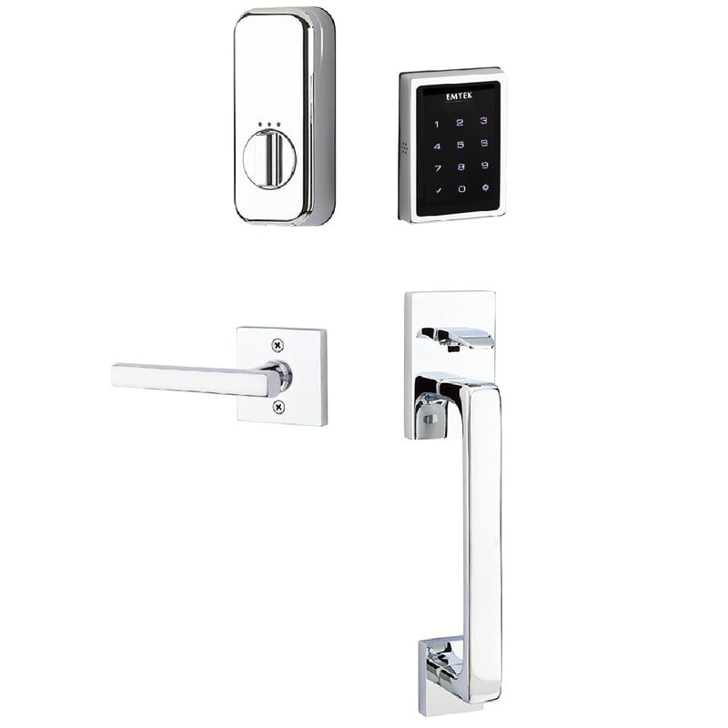 Emtek Electronic EMPowered Motorized Touchscreen Keypad Entry Set With Baden Grip and Right Handed Freestone Lever in Polished Chrome finish