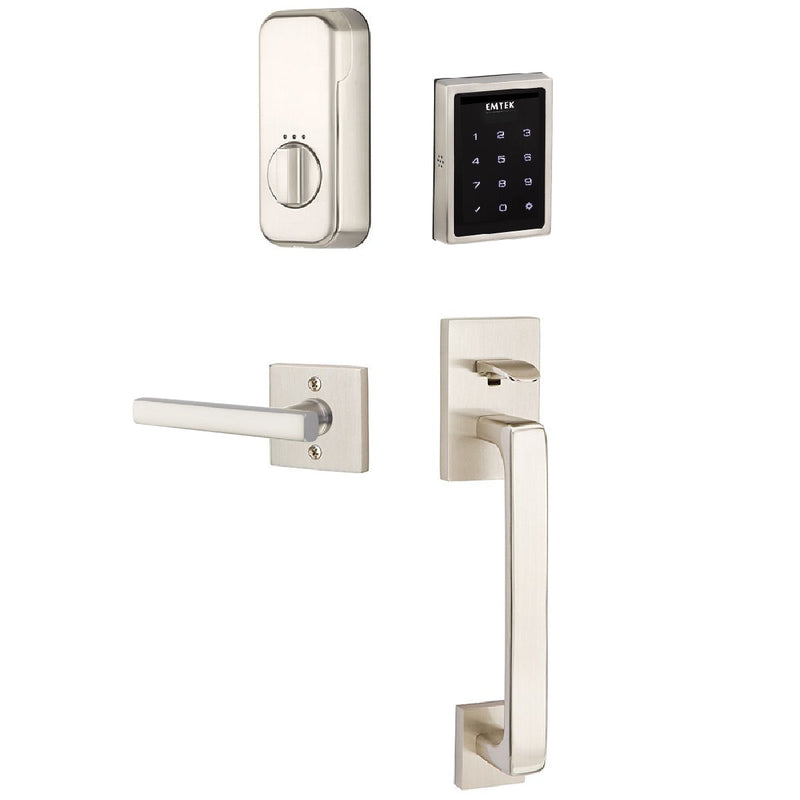 Emtek Electronic EMPowered Motorized Touchscreen Keypad Entry Set With Baden Grip and Right Handed Freestone Lever in Satin Nickel finish