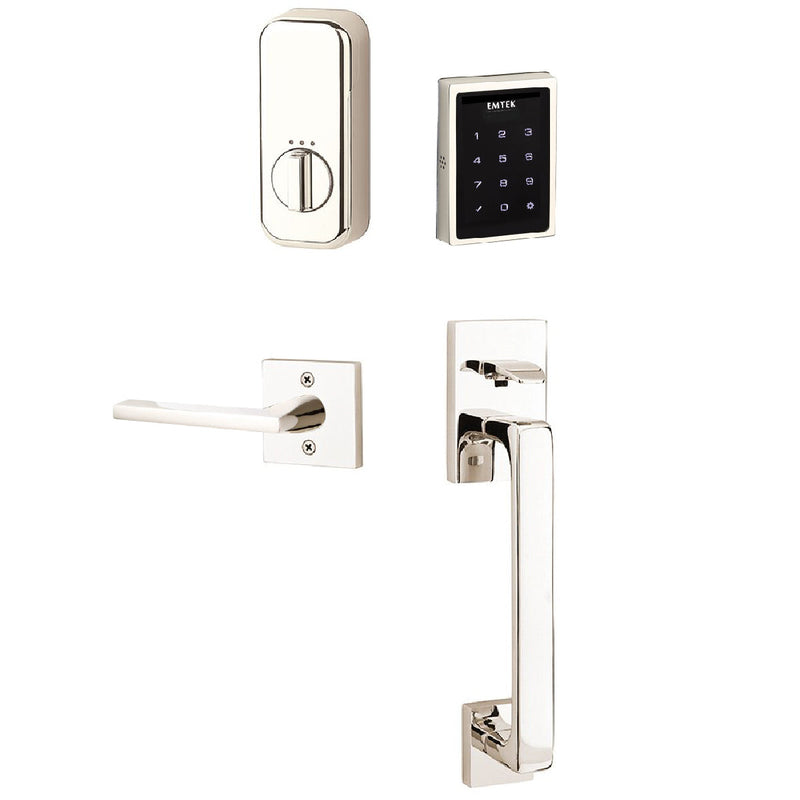 Emtek Electronic EMPowered Motorized Touchscreen Keypad Entry Set With Baden Grip and Right Handed Helios Lever in Lifetime Polished Nickel finish
