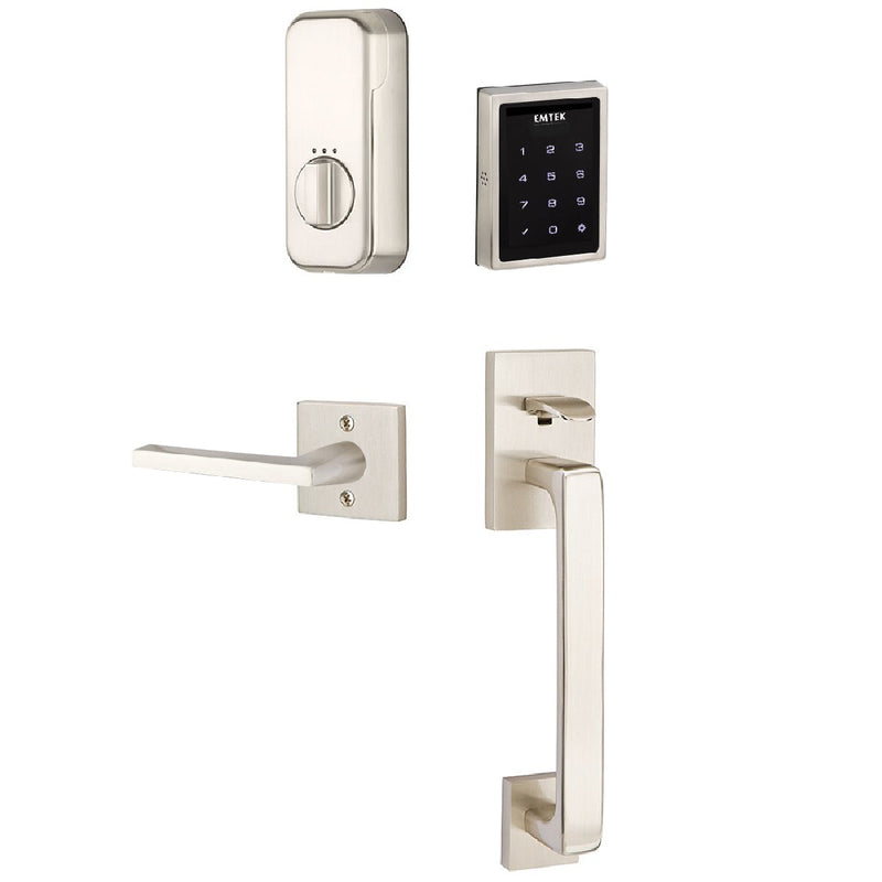 Emtek Electronic EMPowered Motorized Touchscreen Keypad Entry Set With Baden Grip and Right Handed Helios Lever in Satin Nickel finish