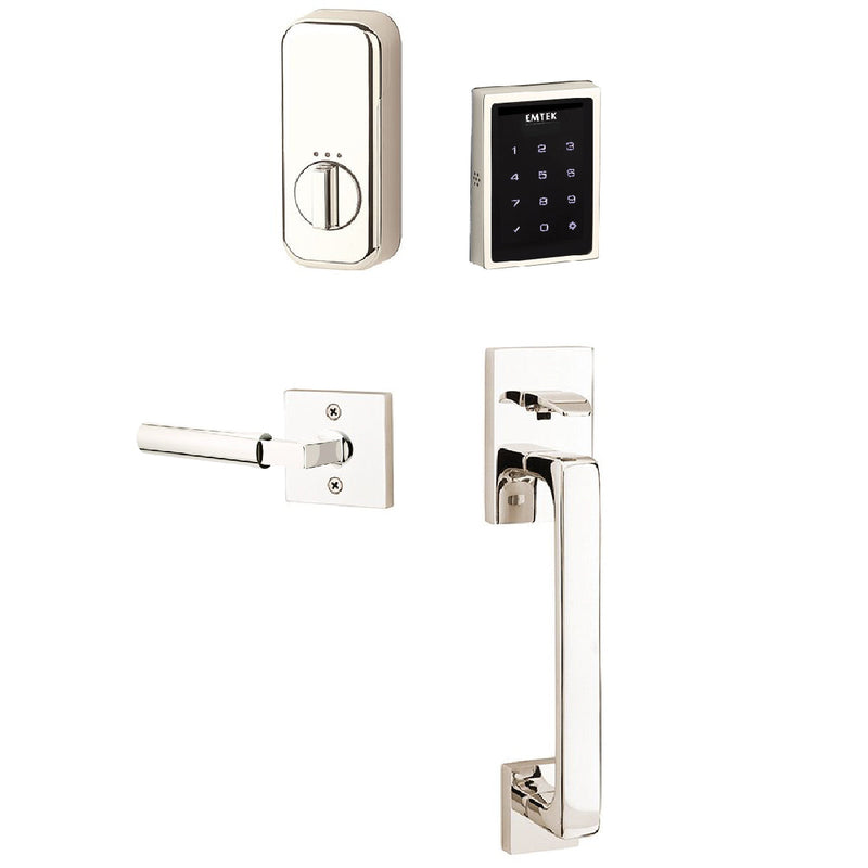 Emtek Electronic EMPowered Motorized Touchscreen Keypad Entry Set With Baden Grip and Right Handed Hercules Lever in Lifetime Polished Nickel finish