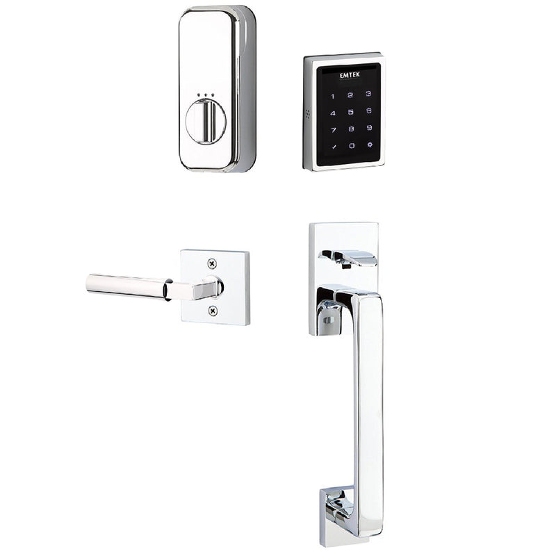 Emtek Electronic EMPowered Motorized Touchscreen Keypad Entry Set With Baden Grip and Right Handed Hercules Lever in Polished Chrome finish