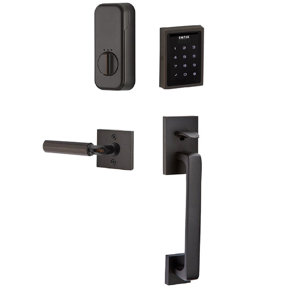 Emtek Electronic EMPowered Motorized Touchscreen Keypad Entry Set With Baden Grip and Right Handed R-Bar Faceted Lever in Oil Rubbed Bronze finish