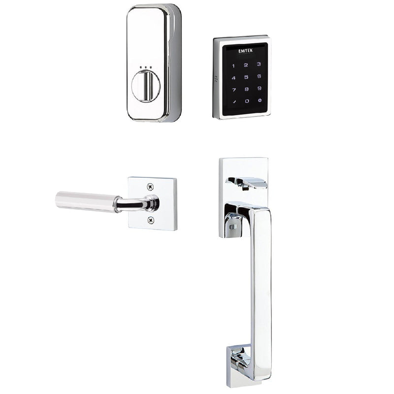 Emtek-Electronic EMPowered Motorized Touchscreen Keypad Entry Set With Baden Grip and Right Handed R-Bar Faceted Lever-Polished Chrome-Coastal Hardware Store