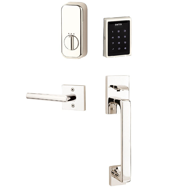 Emtek Electronic EMPowered Motorized Touchscreen Keypad Entry Set With Baden Grip and Right Handed Stuttgart Lever in Lifetime Polished Nickel finish