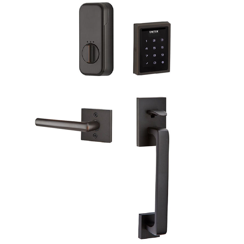 Emtek Electronic EMPowered Motorized Touchscreen Keypad Entry Set With Baden Grip and Right Handed Stuttgart Lever in Oil Rubbed Bronze finish