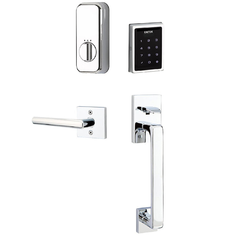 Emtek Electronic EMPowered Motorized Touchscreen Keypad Entry Set With Baden Grip and Right Handed Stuttgart Lever in Polished Chrome finish