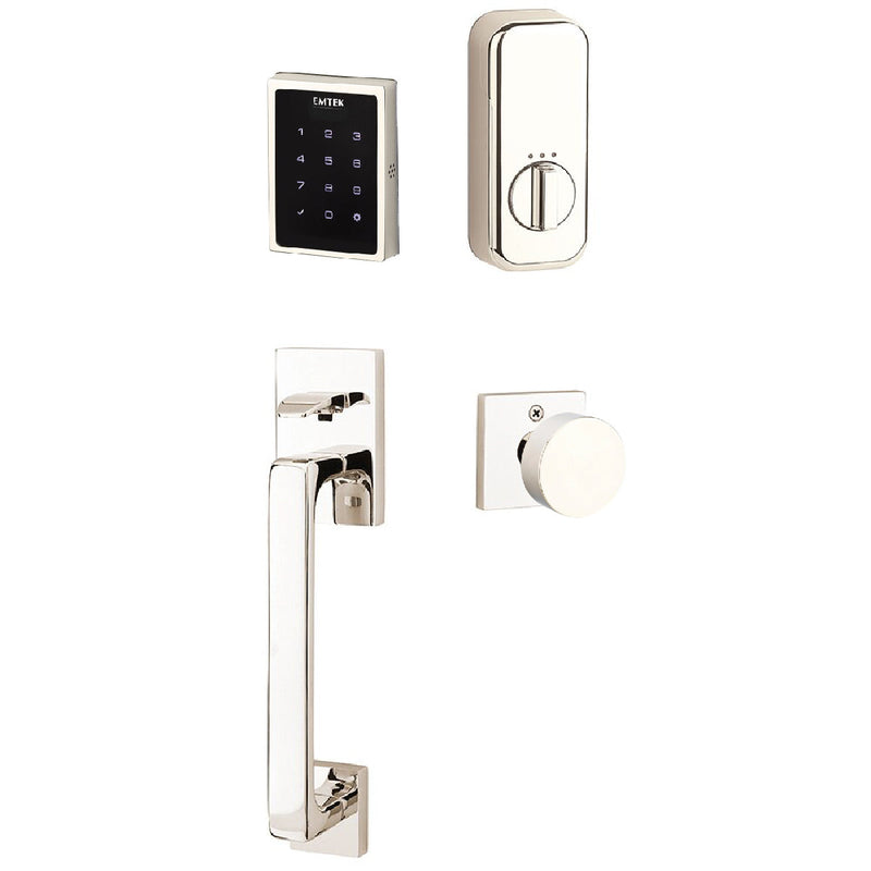 Emtek Electronic EMPowered Motorized Touchscreen Keypad Entry Set With Baden Grip and Round Knob in Lifetime Polished Nickel finish