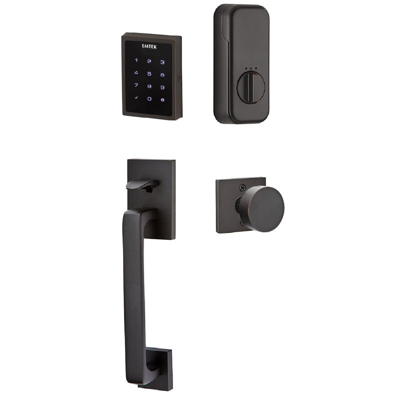 Emtek Electronic EMPowered Motorized Touchscreen Keypad Entry Set With Baden Grip and Round Knob in Oil Rubbed Bronze finish