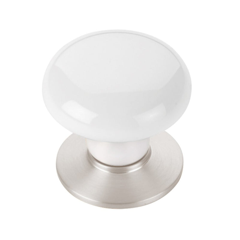 The Emtek Ice White Porcelain Cabinet Knob in Lifetime Polished Nickel finish