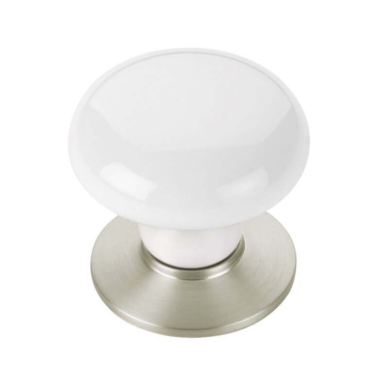 The Emtek Ice White Porcelain Cabinet Knob in Satin Nickel finish