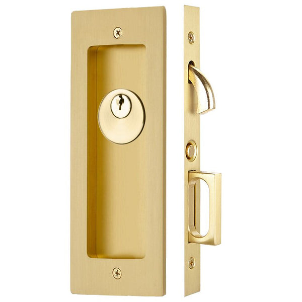 Emtek Keyed Modern Rectangular Pocket Door Mortise Lock in Satin Brass finish