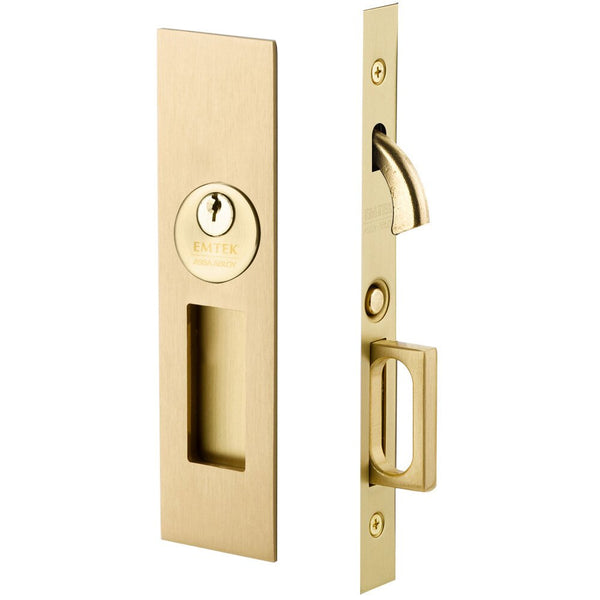 Emtek Keyed Narrow Modern Rectangular Pocket Door Mortise Lock in Satin Brass finish