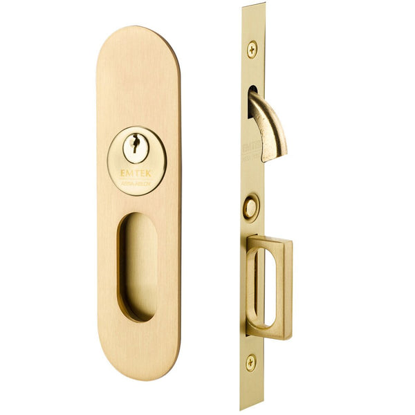 Emtek Keyed Narrow Oval Pocket Door Mortise Lock in Satin Brass finish