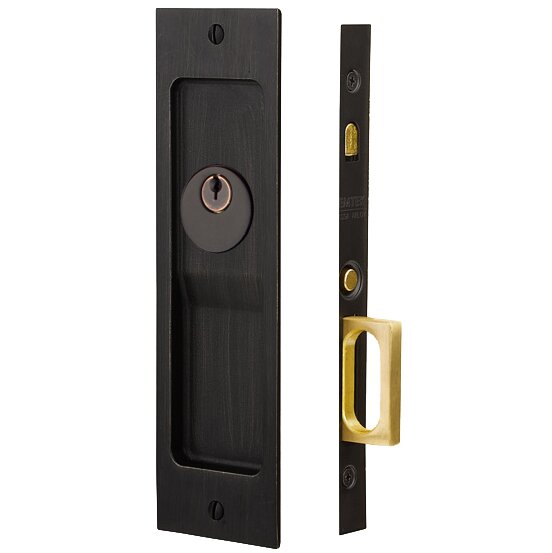 Emtek Keyed Rustic Modern Rectangular Pocket Door Mortise Lock in Flat Black Bronze Patina finish
