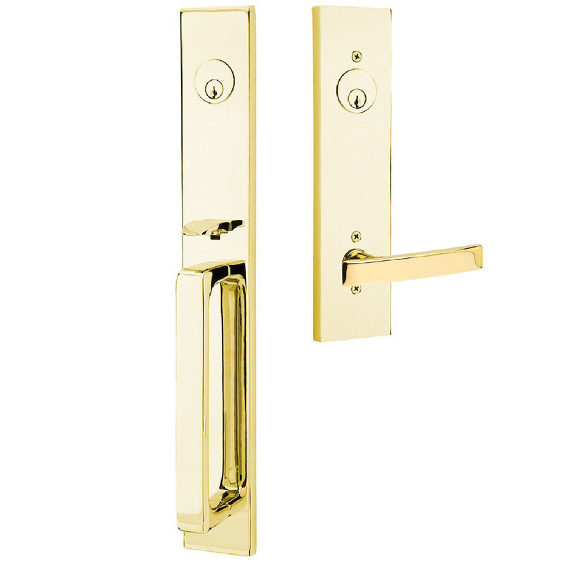 Emtek Lausanne Tubular Double Cylinder Entrance Handleset with Left Handed Geneva Lever in Unlacquered Brass finish