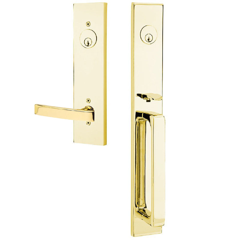 Emtek Lausanne Tubular Double Cylinder Entrance Handleset with Right Handed Geneva Lever in Unlacquered Brass finish