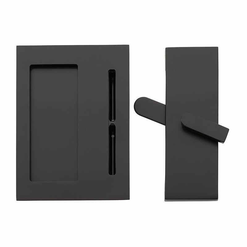 Emtek Modern Rectangular Barn Door Privacy Lock and Flush Pull with Integrated Strike in Flat Black finish