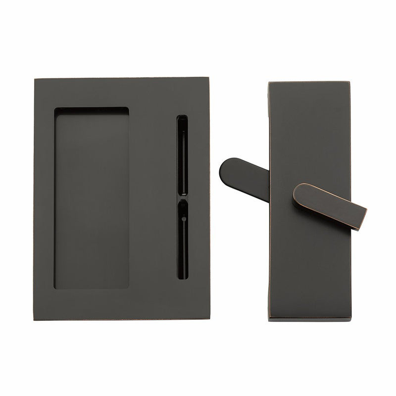 Emtek Modern Rectangular Barn Door Privacy Lock and Flush Pull with Integrated Strike in Oil Rubbed Bronze finish