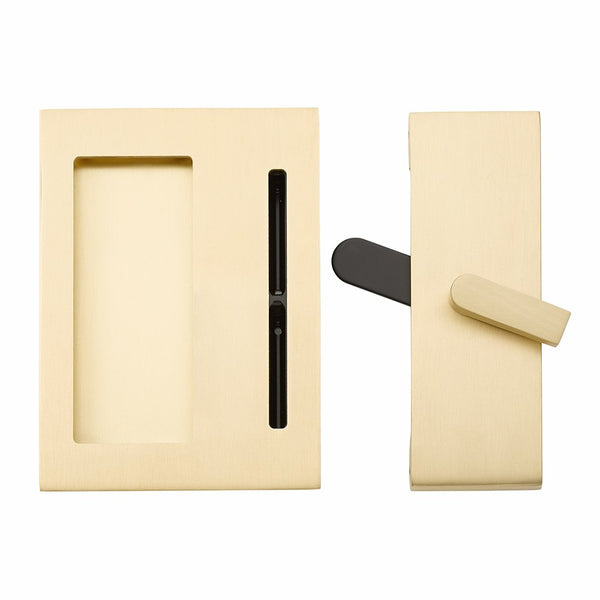 Emtek Modern Rectangular Barn Door Privacy Lock and Flush Pull with Integrated Strike in Satin Brass finish