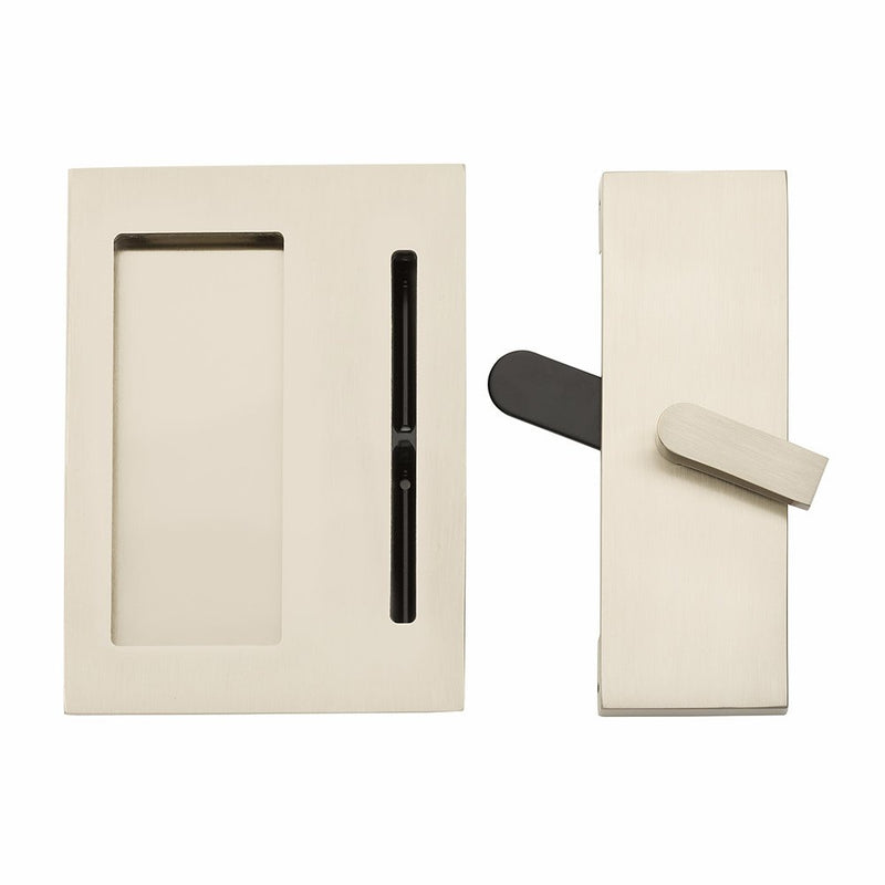 Emtek Modern Rectangular Barn Door Privacy Lock and Flush Pull with Integrated Strike in Satin Nickel finish