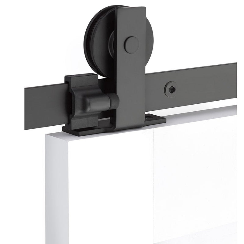 Emtek Modern Rectangular Top Mount Hanger 5' Track with Solid Wheel & Flat Fastener in Flat Black finish