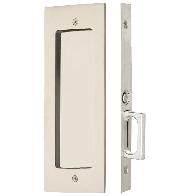 The Emtek Passage Modern Rectangular Pocket Door Mortise Lock in Lifetime Polished Nickel finish