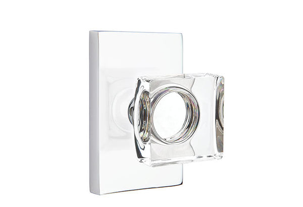 Emtek Passage Modern Square Crystal Knob Wtih Modern Rectangular Rosette in Polished Chrome finish