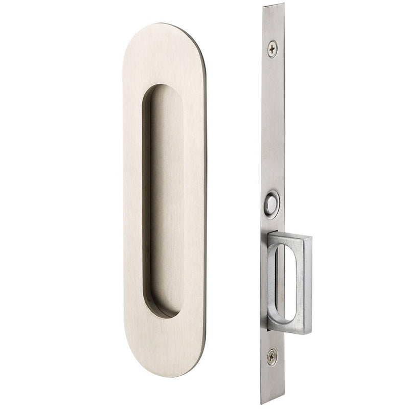 The Emtek Passage Narrow Oval Pocket Door Mortise Lock in Satin Nickel finish