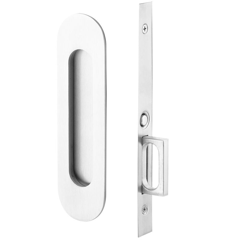 The Emtek Passage Narrow Oval Pocket Door Mortise Lock in Satin Nickel finish