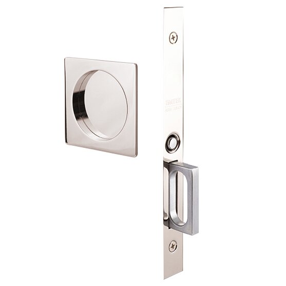 Emtek Passage Pocket Door Mortise Lock in Square Style (2 3/4 x 2 3/4) in Lifetime Polished Nickel finish