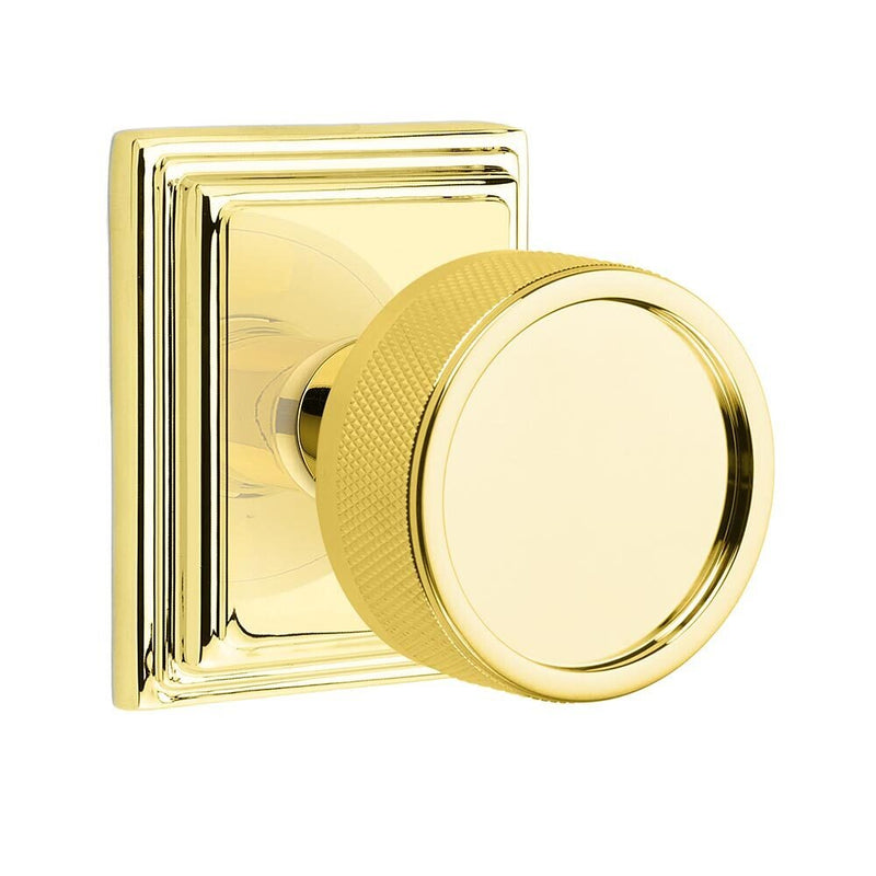 Emtek Passage Select Conical Knurled Knob with Wilshire Rosette in Unlacquered Brass finish