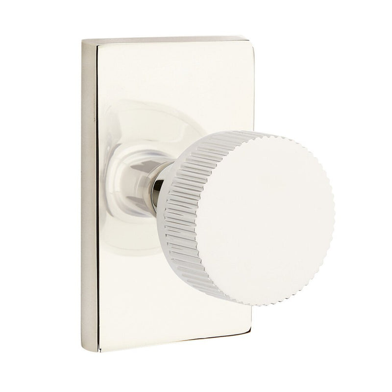 Emtek Passage Select Conical Straight Knurled Knob with Modern Rectangular Rosette in Lifetime Polished Nickel finish