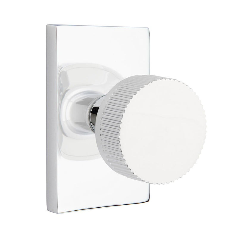 Emtek Passage Select Conical Straight Knurled Knob with Modern Rectangular Rosette in Polished Chrome finish