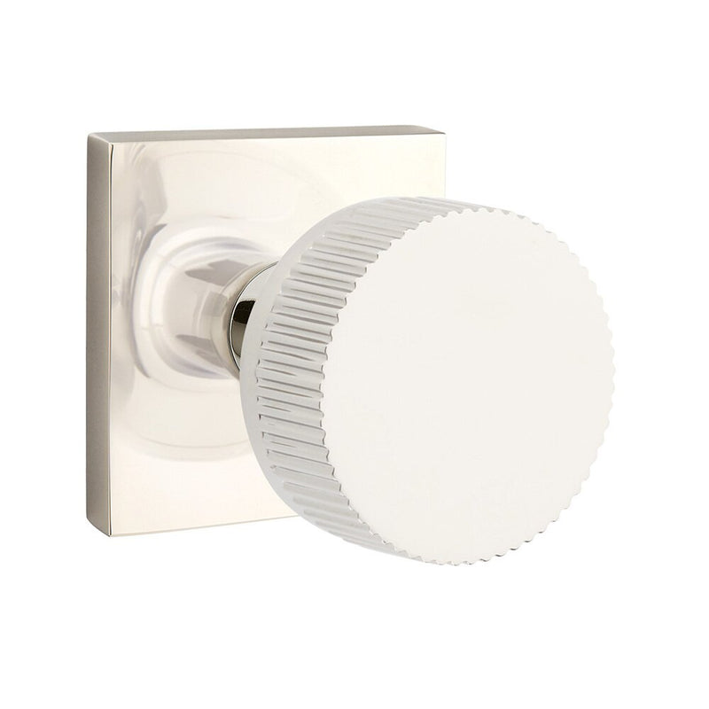 Emtek Passage Select Conical Straight Knurled Knob with Square Rosette in Lifetime Polished Nickel finish