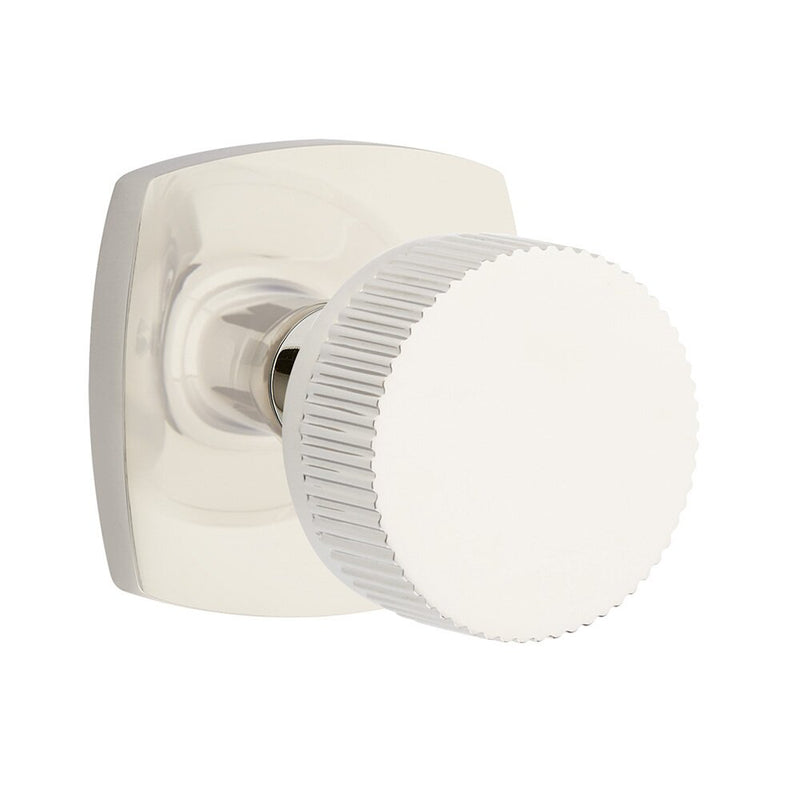 Emtek Passage Select Conical Straight Knurled Knob with Urban Modern Rosette in Lifetime Polished Nickel finish