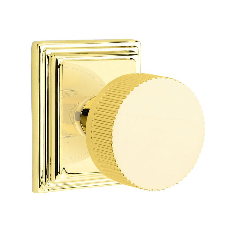 Emtek Passage Select Conical Straight Knurled Knob with Wilshire Rosette in Unlacquered Brass finish