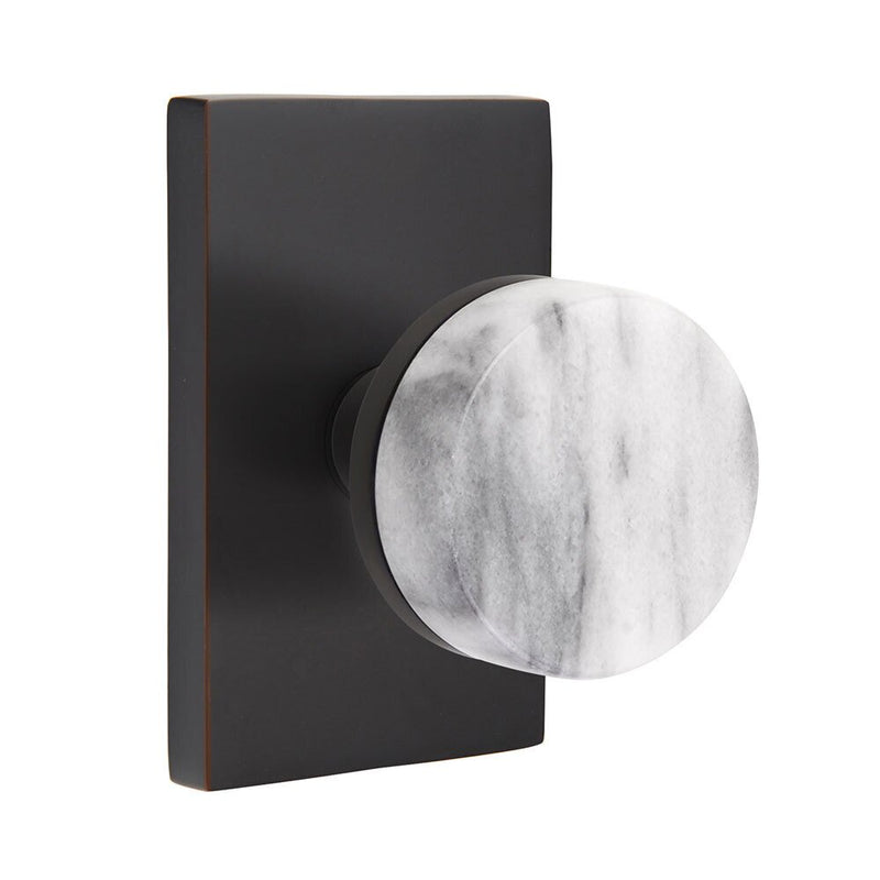 Emtek Passage Select Conical White Marble Knob with Modern Rectangular Rosette in Oil Rubbed Bronze finish