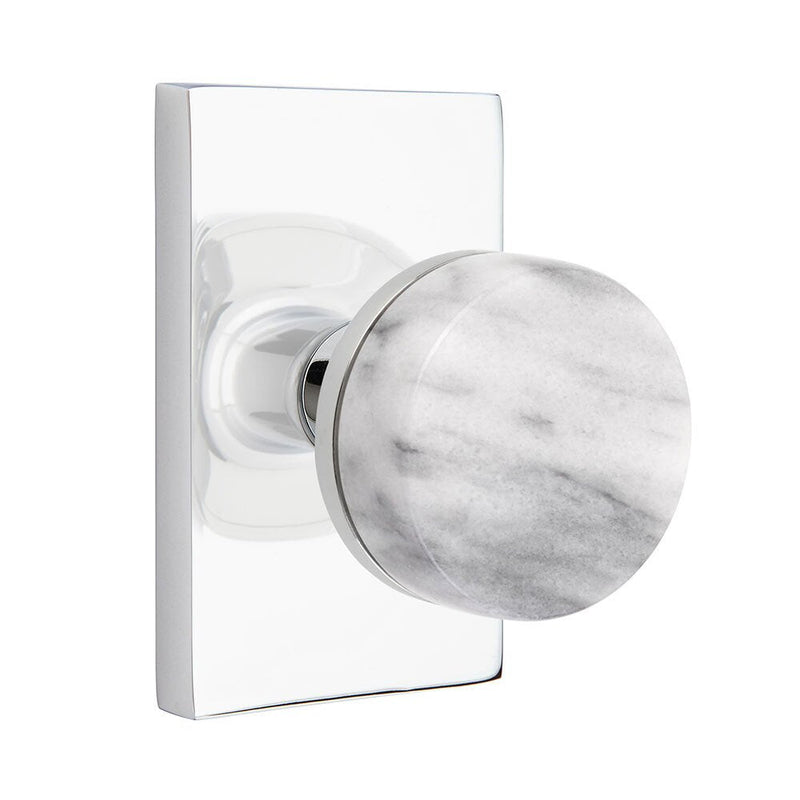 Emtek Passage Select Conical White Marble Knob with Modern Rectangular Rosette in Polished Chrome finish