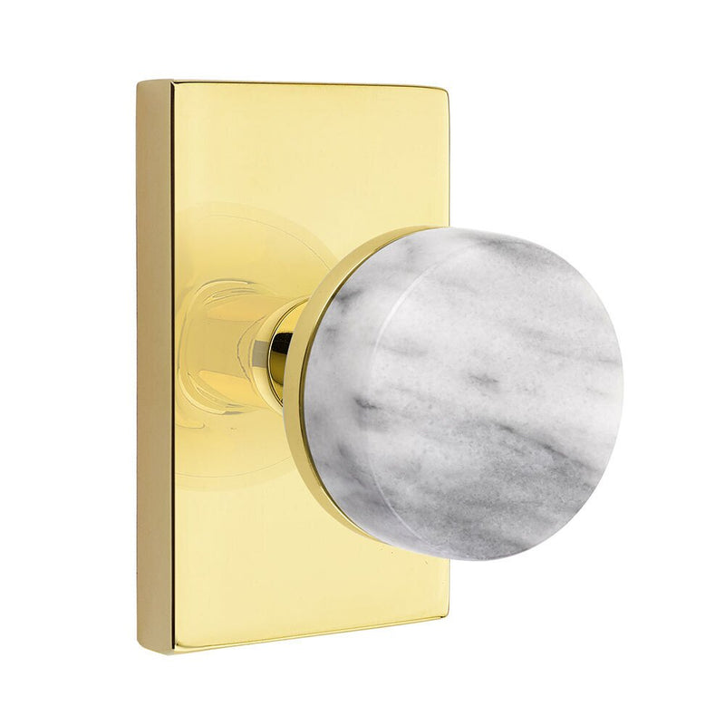 Emtek Passage Select Conical White Marble Knob with Modern Rectangular Rosette in Unlacquered Brass finish