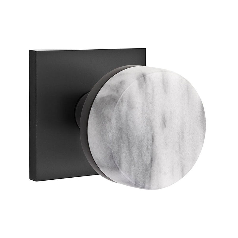 Emtek Passage Select Conical White Marble Knob with Square Rosette in Flat Black finish