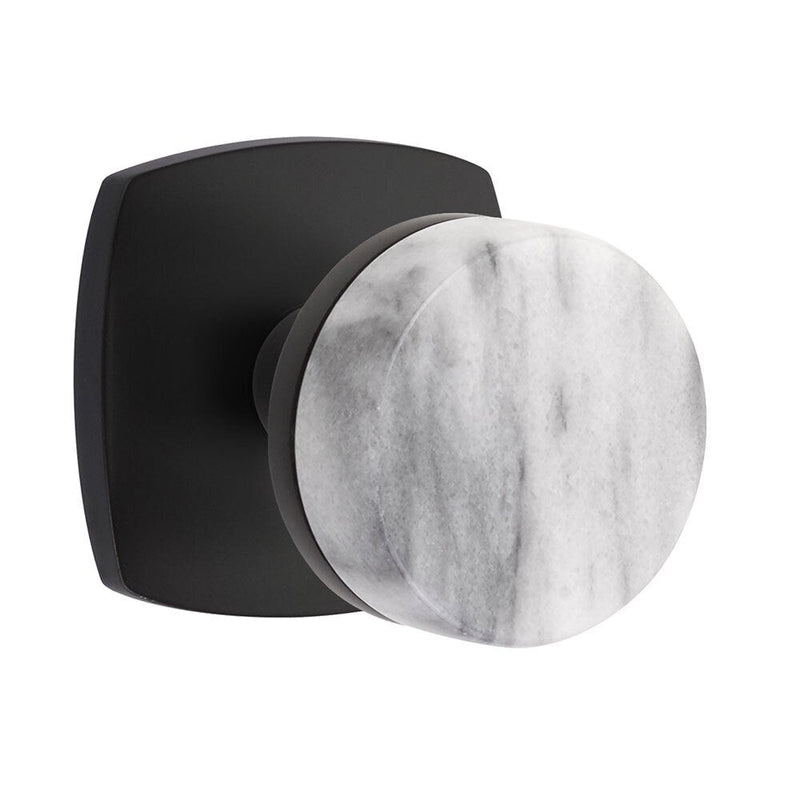 Emtek Passage Select Conical White Marble Knob with Urban Modern Rosette in Flat Black finish