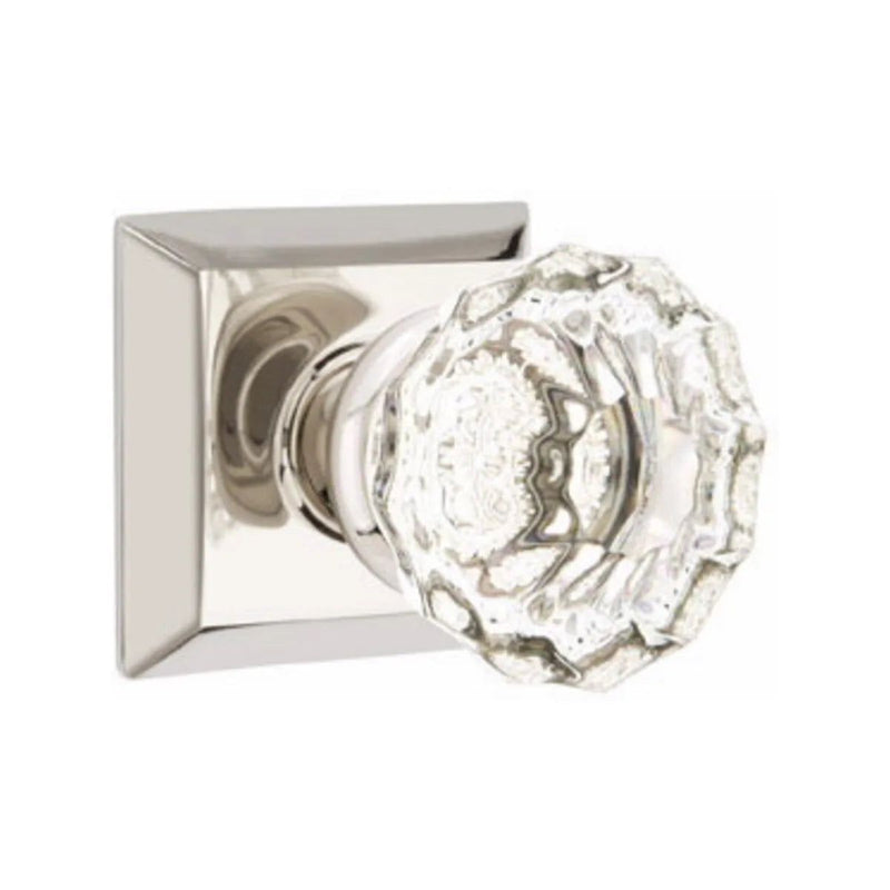 Emtek Privacy Astoria Clear Knob With Quincy Rosette in Lifetime Polished Nickel finish