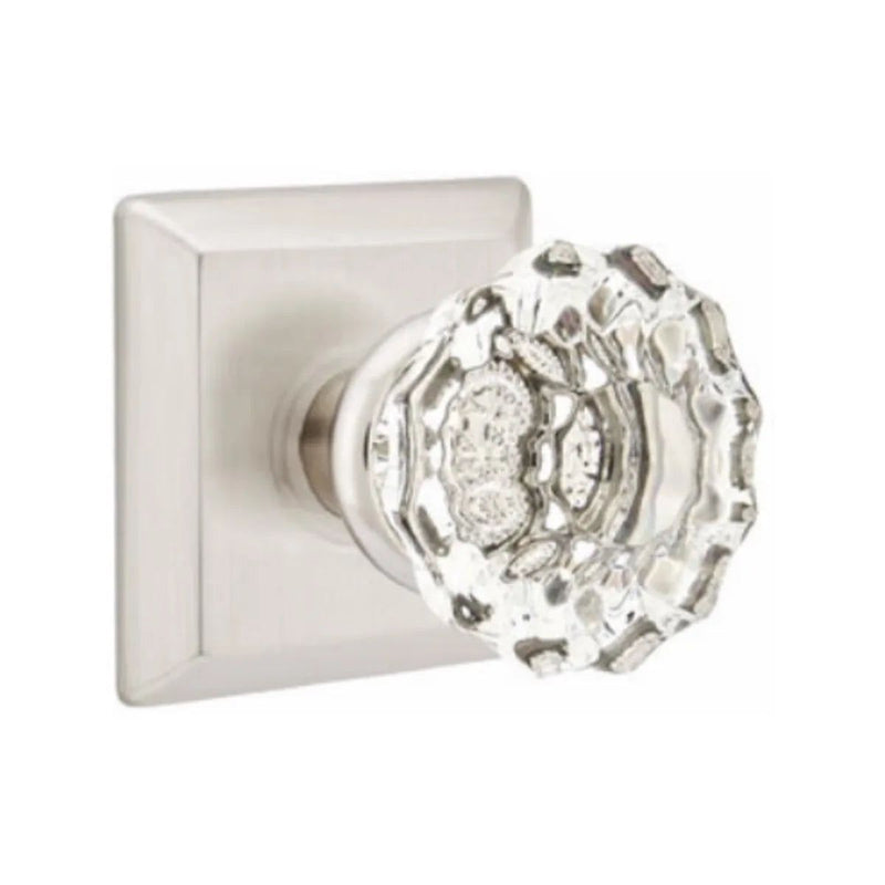 Emtek Privacy Astoria Clear Knob With Quincy Rosette in Satin Nickel finish