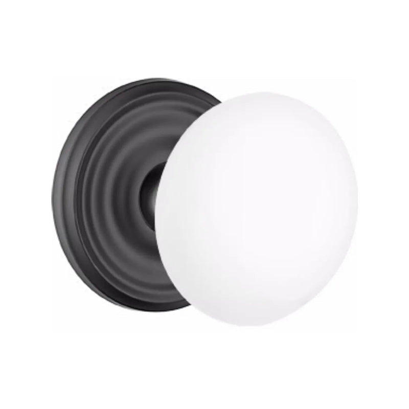 Emtek Privacy Ice White Knob With Regular Rosette in Flat Black finish