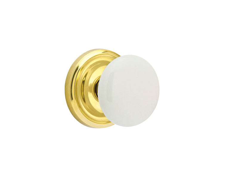 Emtek Privacy Ice White Knob With Regular Rosette in Lifetime Polished Brass finish